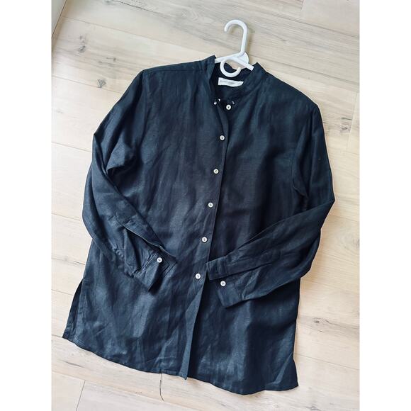 Vintage 90s Minimalist Linen Black Blouse Size 10P Long Sleeve Mock Collar Chic - Picture 9 of 9